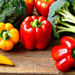 **

> A vibrant close-up photo showcasing a selection of fresh, colorful vegetables commonly available in German supermarkets, specifically highlighting red and yellow bell peppers, parsley, and broccoli. The vegetables are arranged artfully on a rustic wooden table, suggesting a healthy and natural source of Vitamin C for guinea pigs. Use soft, natural lighting to emphasize the freshness.

**