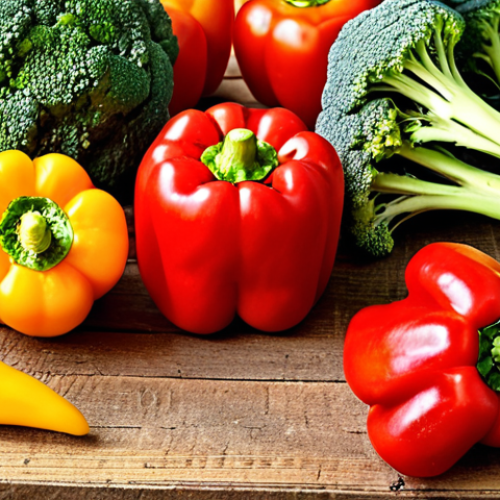 Home 11 **
> A vibrant close-up photo showcasing a selection of fresh, colorful vegetables commonly available in German supermarkets, specifically highlighting red and yellow bell peppers, parsley, and broccoli. The vegetables are arranged artfully on a rustic wooden table, suggesting a healthy and natural source of Vitamin C for guinea pigs. Use soft, natural lighting to emphasize the freshness.
**