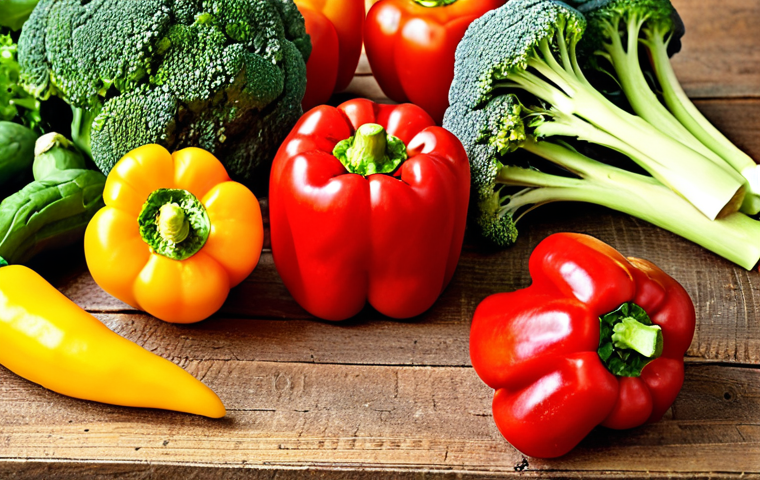 **
> A vibrant close-up photo showcasing a selection of fresh, colorful vegetables commonly available in German supermarkets, specifically highlighting red and yellow bell peppers, parsley, and broccoli. The vegetables are arranged artfully on a rustic wooden table, suggesting a healthy and natural source of Vitamin C for guinea pigs. Use soft, natural lighting to emphasize the freshness.
**