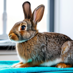 A healthy, adult female rabbit with clean, well-groomed fur and bright eyes, resting calmly on a soft, clean towel in a bright, modern veterinary clinic examination room. The background features blurred, sterile medical equipment, emphasizing a professional and caring environment. The rabbit displays perfect anatomy, correct proportions, and a natural, relaxed pose. This image conveys the importance of preventive health care for pets. safe for work, appropriate content, fully clothed, modest, family-friendly, professional photography, high quality.