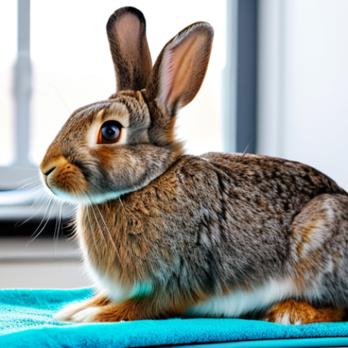 Home 6 A healthy, adult female rabbit with clean, well-groomed fur and bright eyes, resting calmly on a soft, clean towel in a bright, modern veterinary clinic examination room. The background features blurred, sterile medical equipment, emphasizing a professional and caring environment. The rabbit displays perfect anatomy, correct proportions, and a natural, relaxed pose. This image conveys the importance of preventive health care for pets. safe for work, appropriate content, fully clothed, modest, family-friendly, professional photography, high quality.
