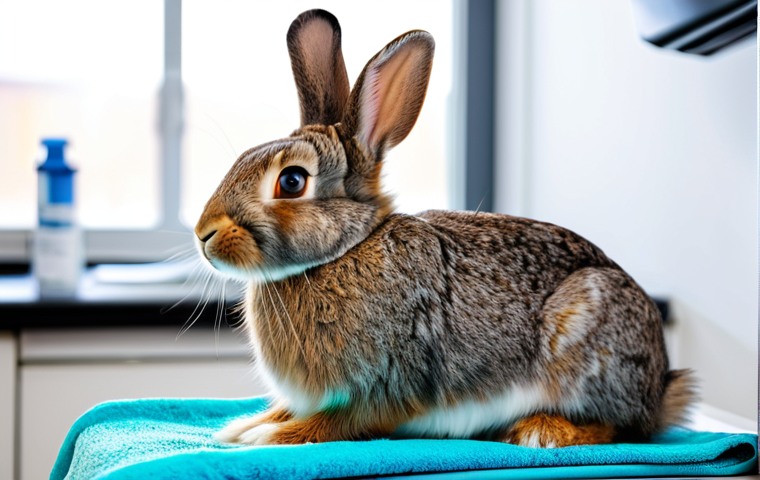 A healthy, adult female rabbit with clean, well-groomed fur and bright eyes, resting calmly on a soft, clean towel in a bright, modern veterinary clinic examination room. The background features blurred, sterile medical equipment, emphasizing a professional and caring environment. The rabbit displays perfect anatomy, correct proportions, and a natural, relaxed pose. This image conveys the importance of preventive health care for pets. safe for work, appropriate content, fully clothed, modest, family-friendly, professional photography, high quality.