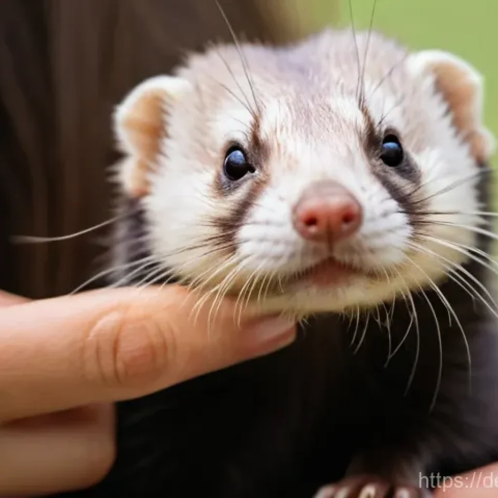 페럿 미용 방법 - "A tranquil scene of a healthy ferret with incredibly soft, shiny fur, enjoying a gentle grooming se...
