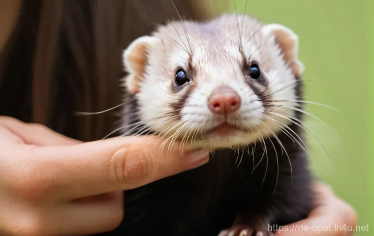 페럿 미용 방법 - "A tranquil scene of a healthy ferret with incredibly soft, shiny fur, enjoying a gentle grooming se...