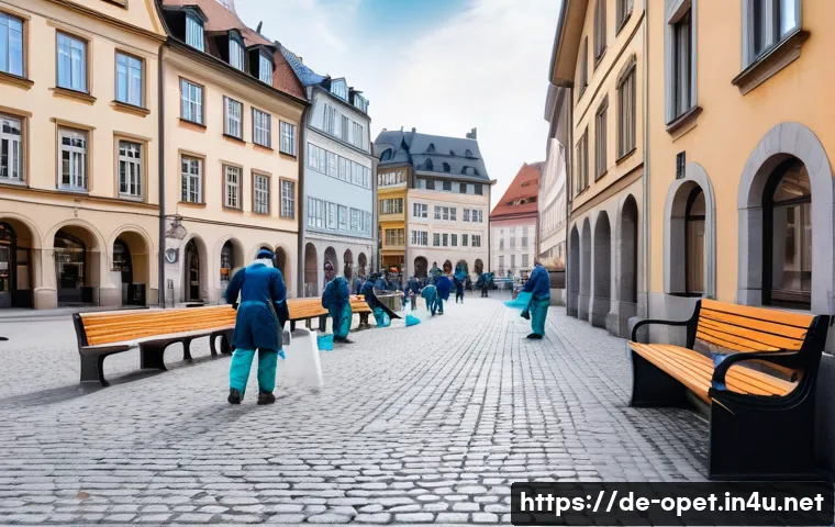 비둘기 전염병 예방 - Urban public square in a German city, showing municipal workers in protective gloves and face masks ...