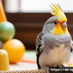 칵테일 앵무새 행동 습관 - A detailed close-up portrait of a cheerful cockatiel perched on a wooden play gym indoors, surrounde...