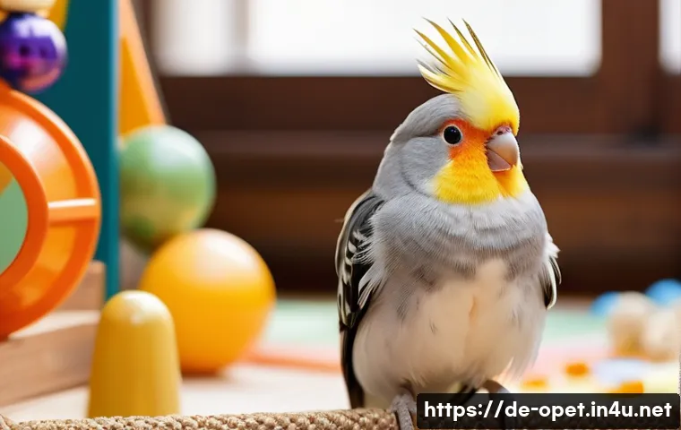 칵테일 앵무새 행동 습관 - A detailed close-up portrait of a cheerful cockatiel perched on a wooden play gym indoors, surrounde...