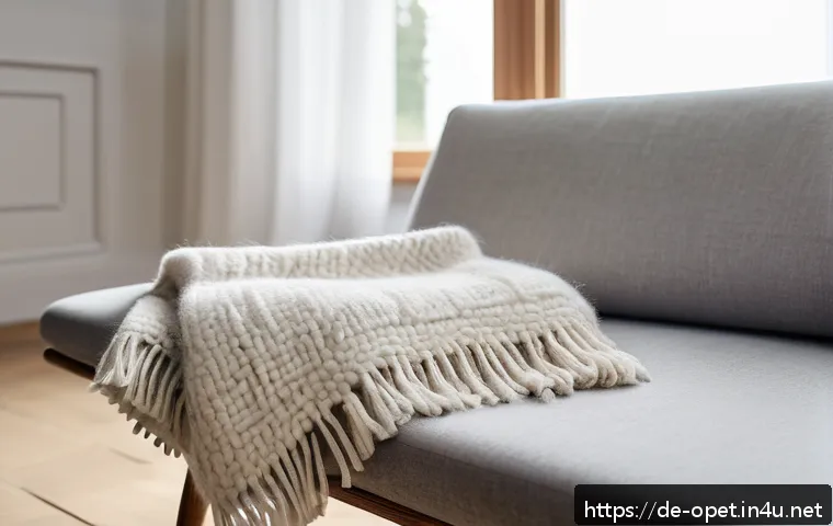 양모 이불 세탁법 - A cozy, sunlit German living room scene featuring a soft, fluffy wool blanket draped neatly over a m...