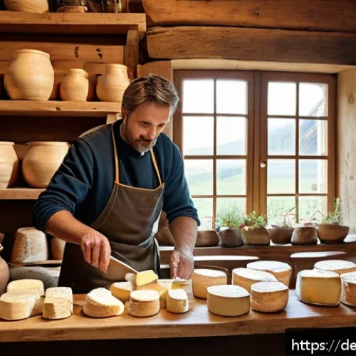 양 유제품 가공법 - A rustic artisanal cheese-making scene in a traditional Bavarian farmhouse kitchen, featuring wooden...