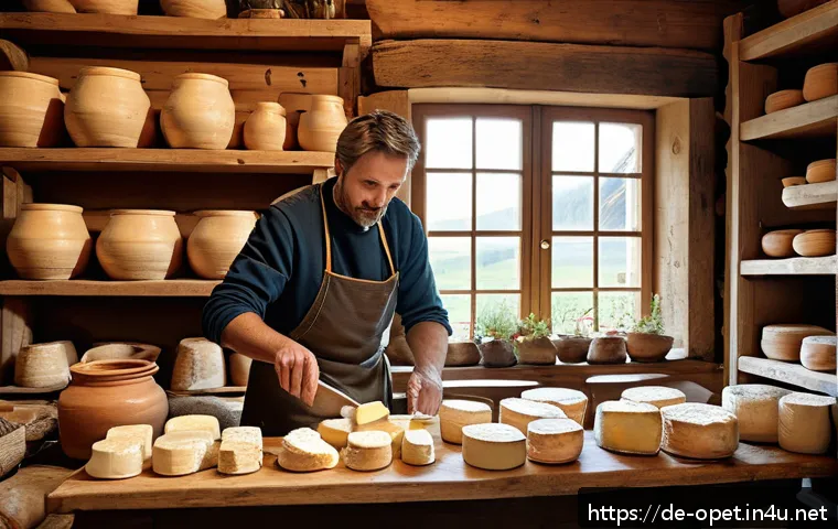 양 유제품 가공법 - A rustic artisanal cheese-making scene in a traditional Bavarian farmhouse kitchen, featuring wooden...
