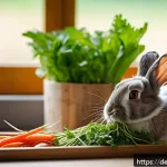 토끼사료 추천 - A cozy indoor scene showing a healthy pet rabbit nibbling on fresh, high-quality meadow hay spread a...