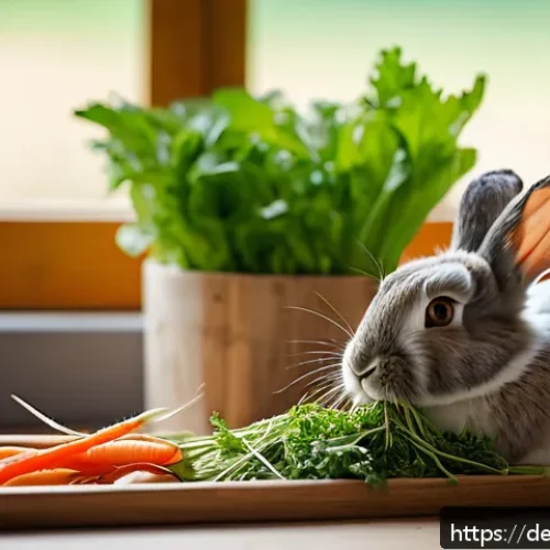 토끼사료 추천 - A cozy indoor scene showing a healthy pet rabbit nibbling on fresh, high-quality meadow hay spread a...