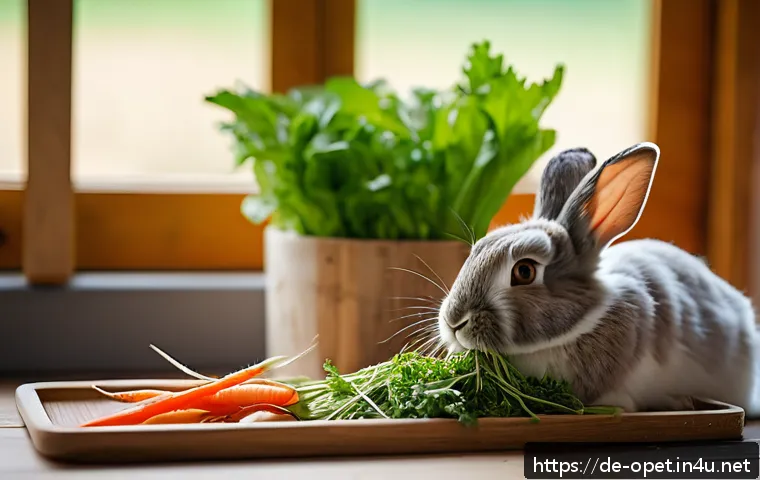 토끼사료 추천 - A cozy indoor scene showing a healthy pet rabbit nibbling on fresh, high-quality meadow hay spread a...