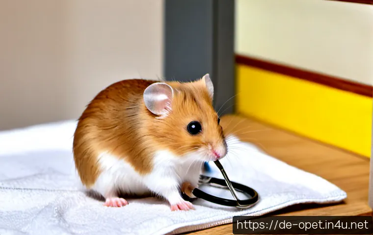 햄스터 건강 체크리스트 - Photorealistic close-up of a healthy golden Syrian hamster sitting calmly on a clean white examinati...