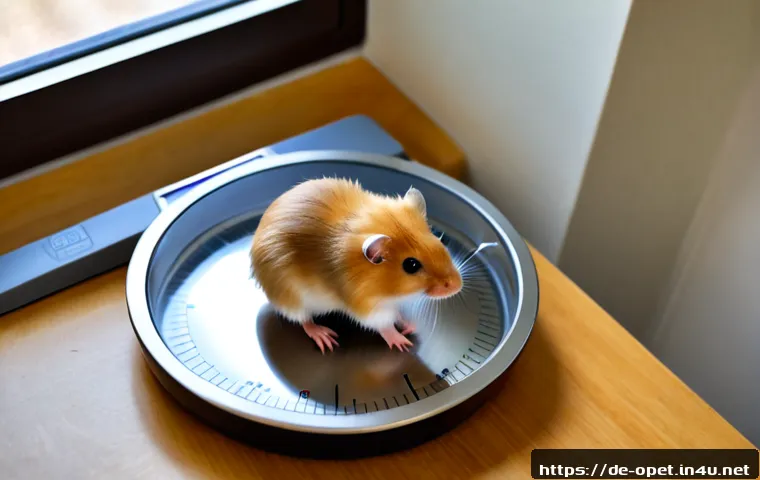햄스터 무게 체크법 - Photorealistic close-up of a small golden Syrian hamster calmly sitting in a shallow transparent wei...