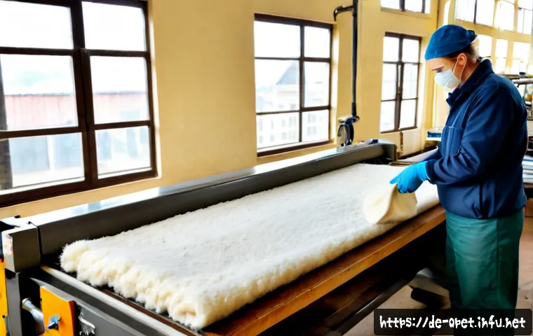 양털 의류 제조 과정 - Photorealistic European wool clothing workshop, skilled textile worker wearing practical work clothe...